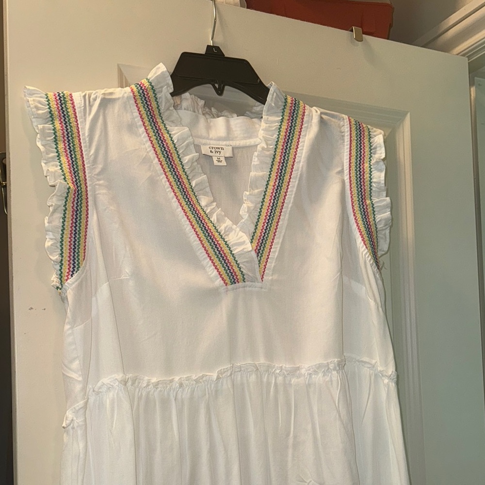 White Dress with Rainbow Trim